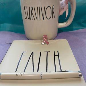 Rae Dunn breast cancer SURVIVOR mug with FAITH journal & pen, & label pin